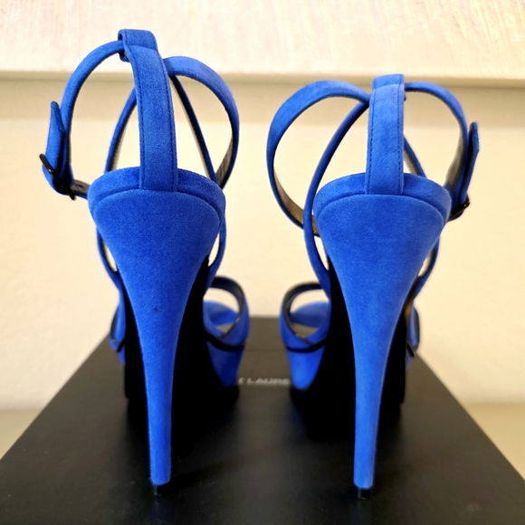 Saint Laurent Blue Suede Platform Stiletto Ankle Strap Buckle Heels EU 38 - Picture 8 of 13